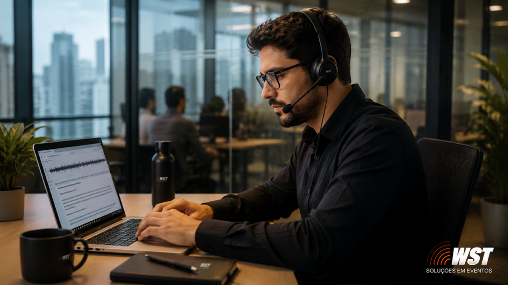 Profissional realizando transcrição de áudio em ambiente corporativo em São Paulo