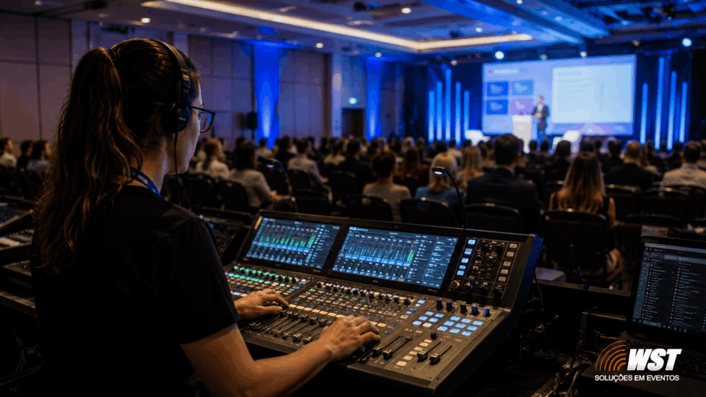 Técnico de som operando mesa digital em evento corporativo profissional em São Paulo