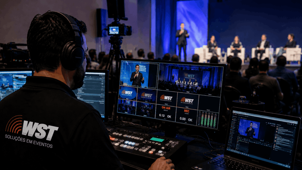 operador streaming evento hibrido monitor Operador técnico WST monitorando transmissão ao vivo de evento híbrido corporativo em São Paulo