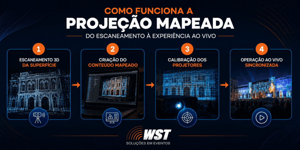 Infográfico WST: 4 etapas do processo de projeção mapeada para eventos