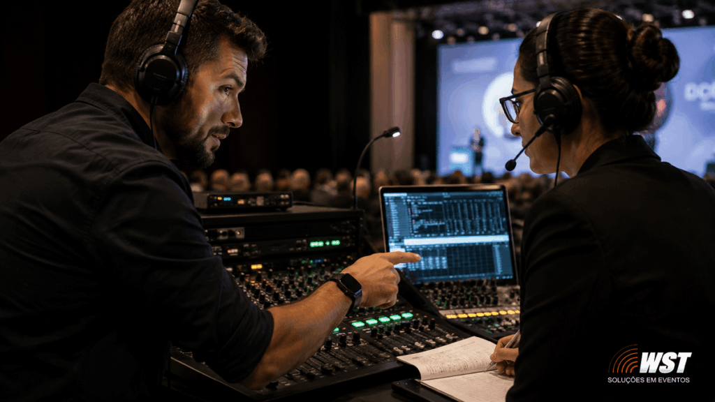 tecnico som interprete verificacao audio evento Técnico de som e intérprete verificando integração de áudio antes de evento corporativo