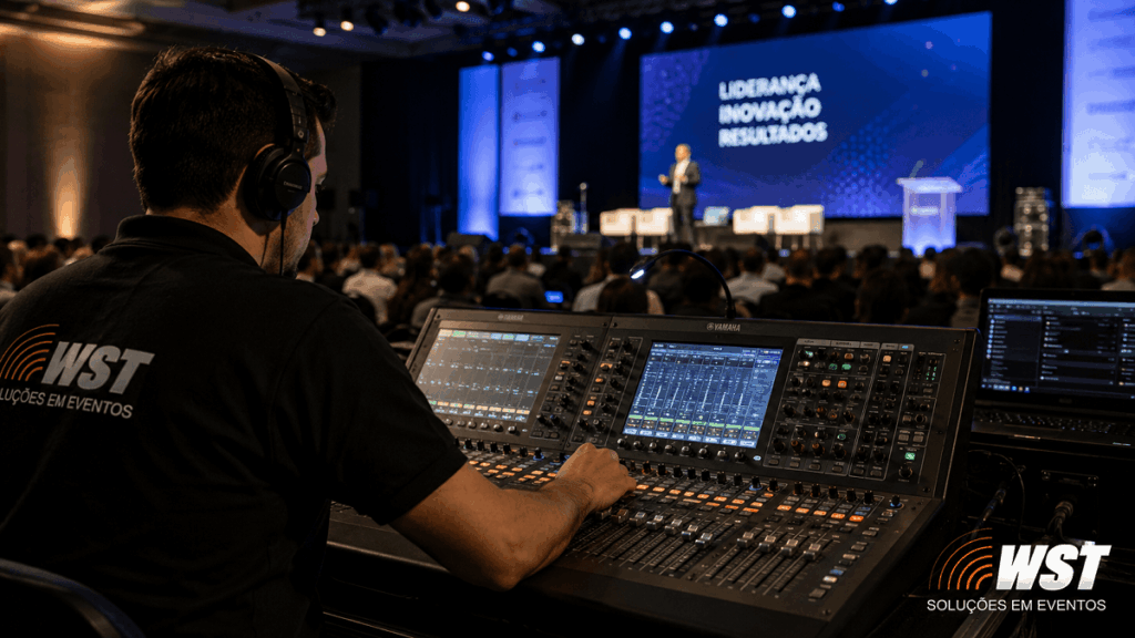 tecnico som mesa digital convencao corporativa sp Técnico de som operando mesa digital durante convenção corporativa em São Paulo