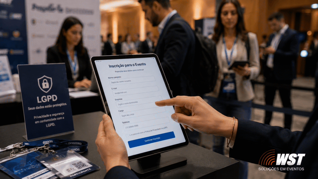 lgpd eventos corporativos: credenciamento digital de evento corporativo com formulário de inscrição em tablet