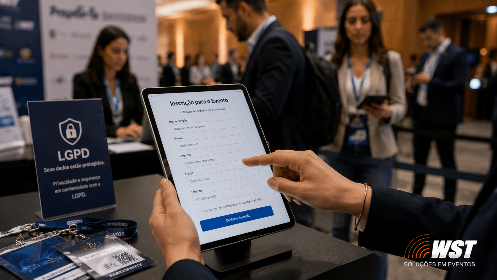 lgpd eventos corporativos: credenciamento digital de evento corporativo com formulário de inscrição em tablet