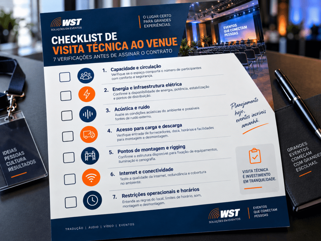 Checklist de visita técnica ao venue com as sete verificações técnicas antes de fechar contrato