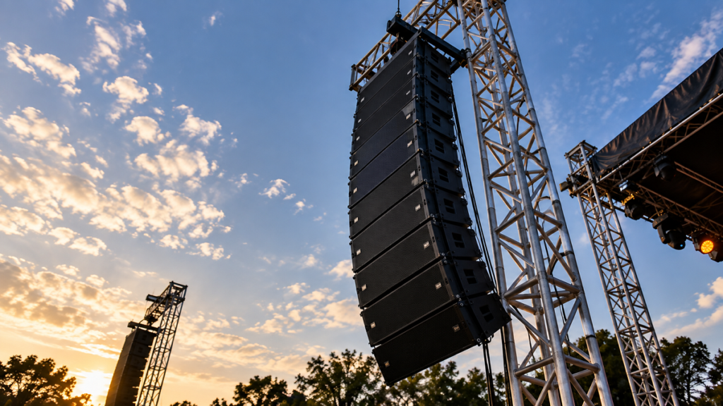 Line array suspenso em torre de treliça em evento ao ar livre