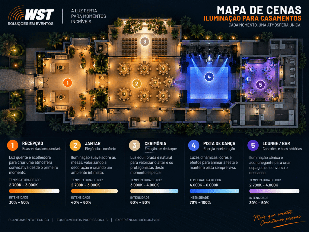 Planta com as cinco cenas de iluminação de um casamento, da recepção à pista de dança